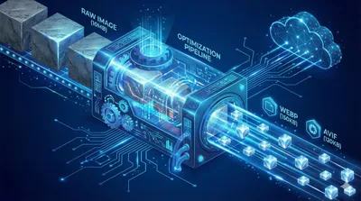 Un schéma technique montrant une image brute entrant dans un entonnoir 'Astro Assets' et en ressortant optimisée en WebP sur différents écrans.